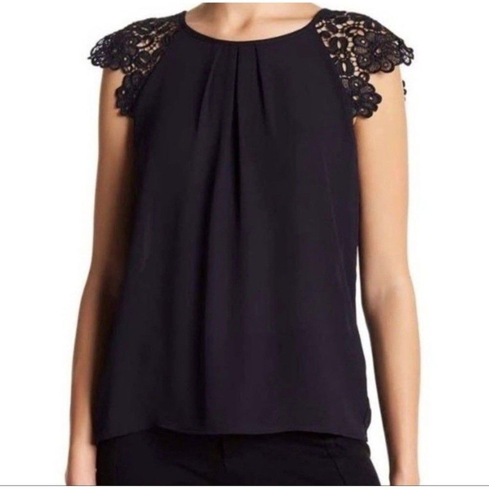 Philosophy Navy Blue Top with Lace Sleeves Women’s Medium